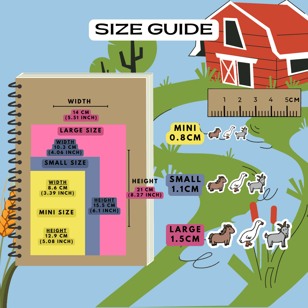 Farm animal icon stickers size guide reference comparison sheet.