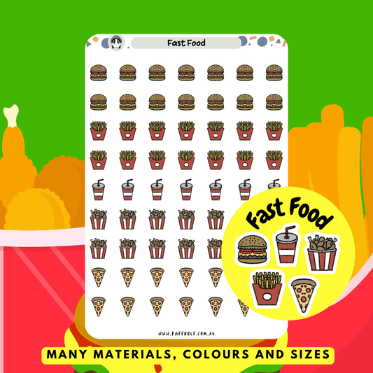 Stickers featuring popular fast food items like burgers, fries, and pizza, perfect for marking cheat days, meal planning, or adding a fun and casual vibe to planners, journals, or scrapbooks.