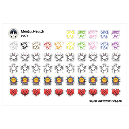 a collection of stickers with various designs and text, including a person, a heart, and a sun. The stickers are arranged in rows and columns, and the text "Mental Health" is visible at the top of the image.