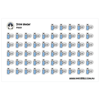 a grid of blue stickers with the text "Drink Water" and a small illustration of a water bottle.