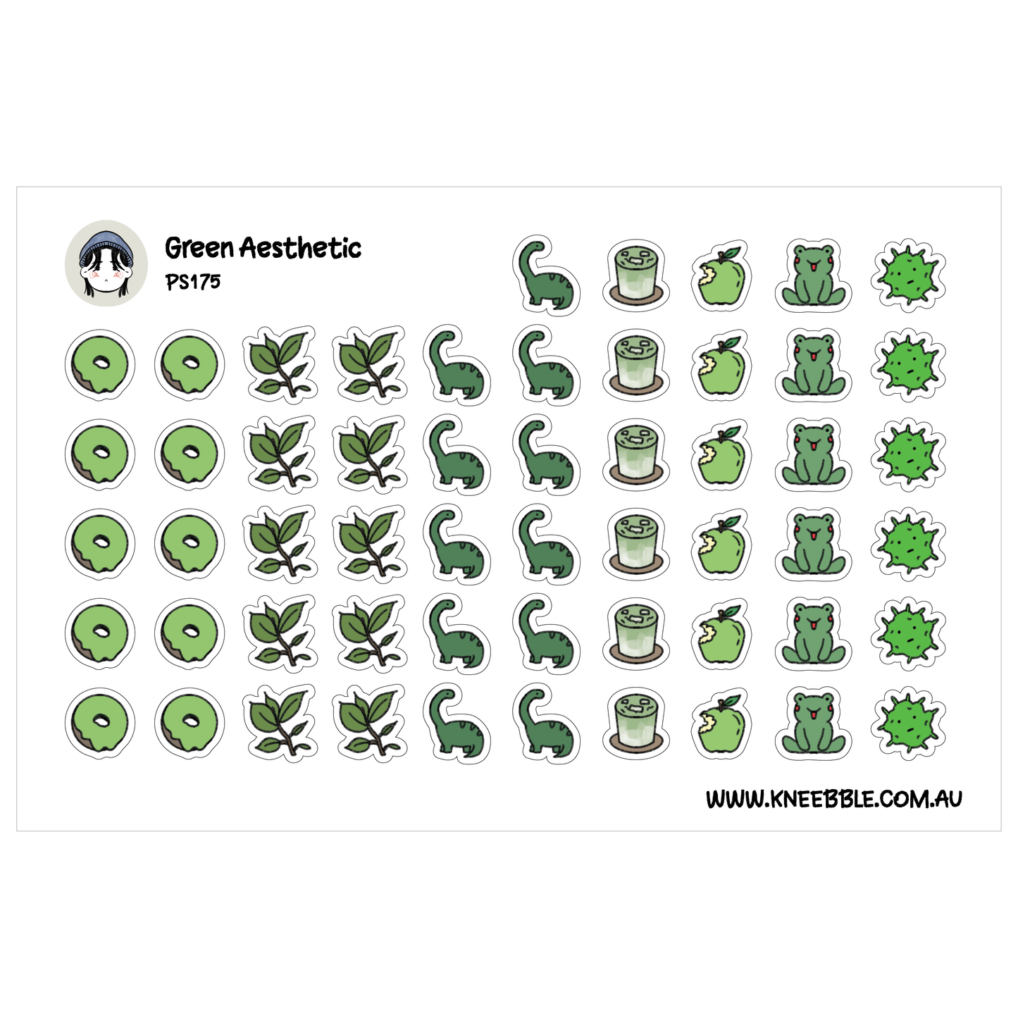 a collection of green-themed stickers and illustrations, including various green objects such as leaves, donuts, and animals like a frog and a dinosaur.