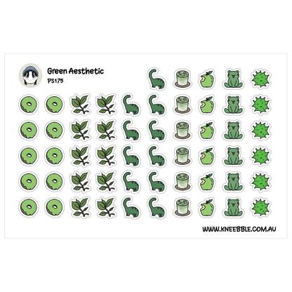 a collection of green-themed stickers and illustrations, including various green objects such as leaves, donuts, and animals like a frog and a dinosaur.