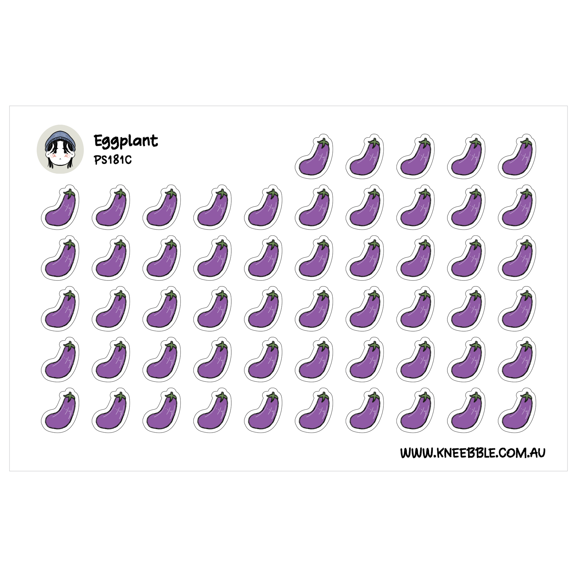 a grid of purple eggplant stickers arranged in rows and columns.