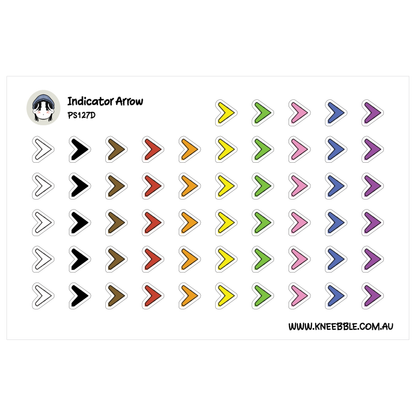 a collection of arrow shapes in various colors, including black, white, brown, orange, yellow, green, blue, purple, and pink. The arrows are arranged in rows and columns, creating a visually appealing and organized display.