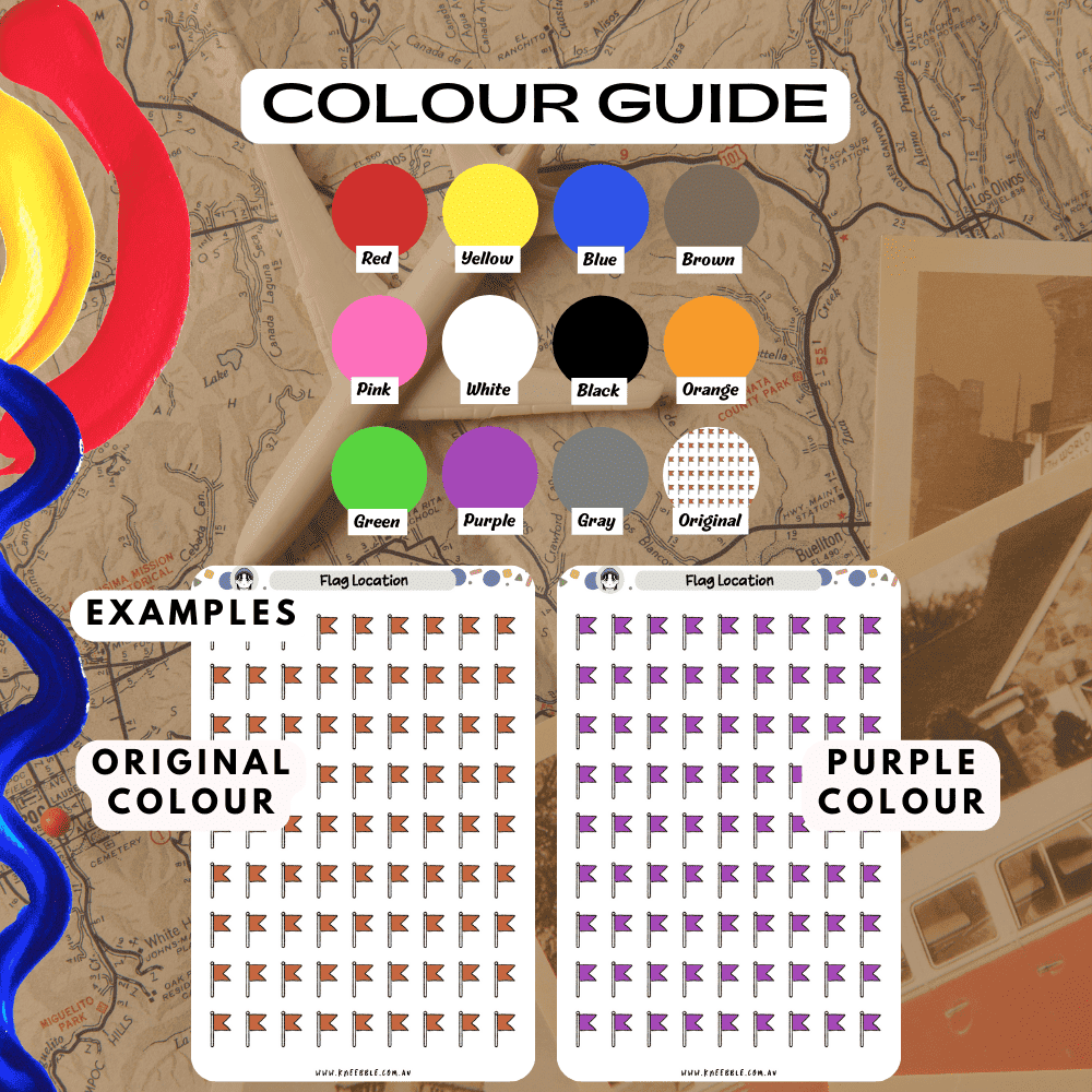 Flag sticker sheet icons colour guide reference including colours like red and purple.