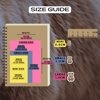 Teddy bear icon stickers size guide comparison reference sheet.