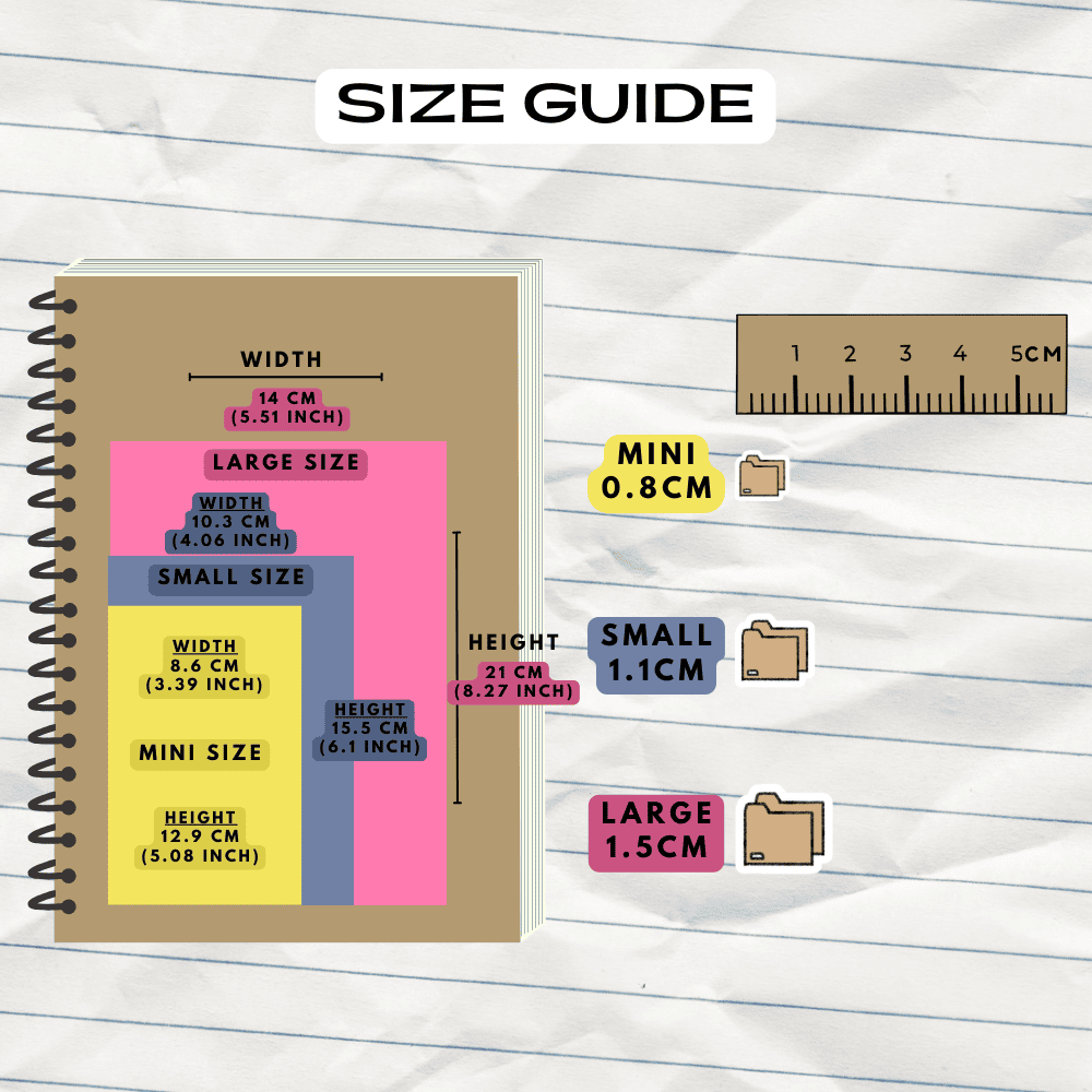 Folder file supplies planner stickers size guide, choose from mini, small and large sizes.