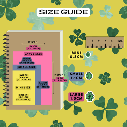 Four leaf clover icon stickers size guide comparison reference sheet, choose from mini, small and large sizes.