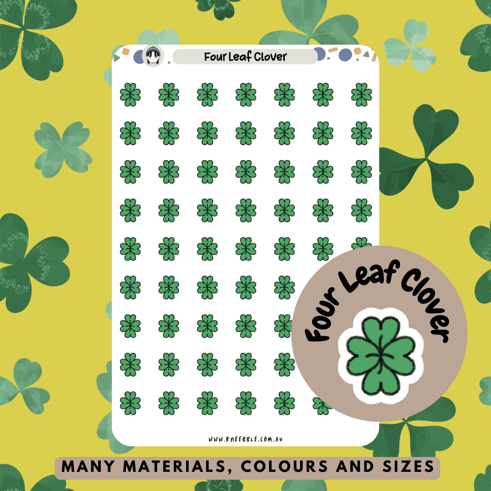 Stickers featuring green four-leaf clover designs, symbolizing good luck, perfect for adding a lucky charm to planners and journals.