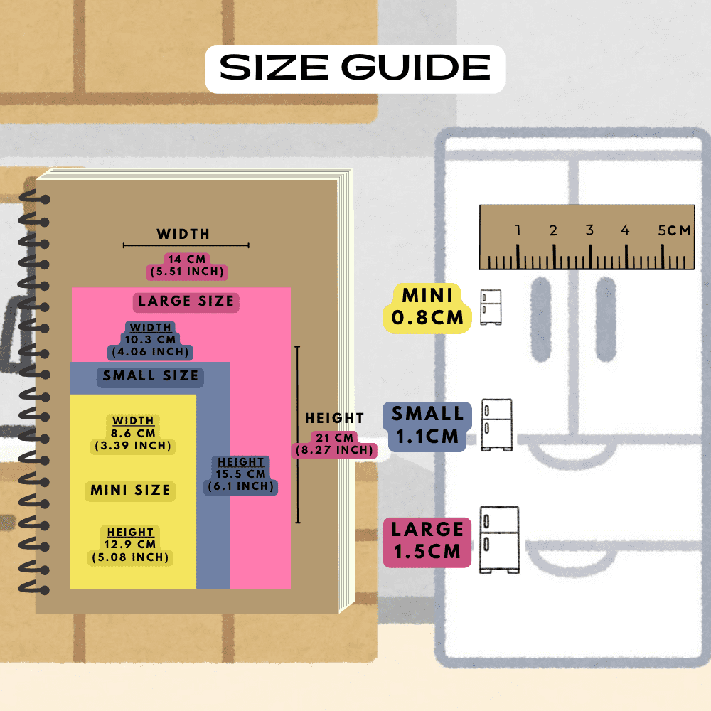 Fridge food planner stickers size guide comparison reference sheet.