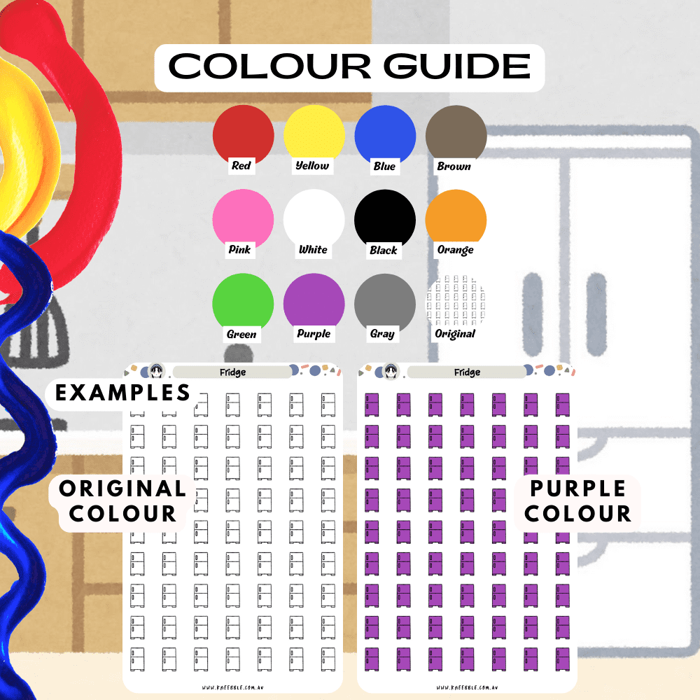 Fridge food kitchen sticker sheet colour guide reference, choose from many colours such as purple and red.