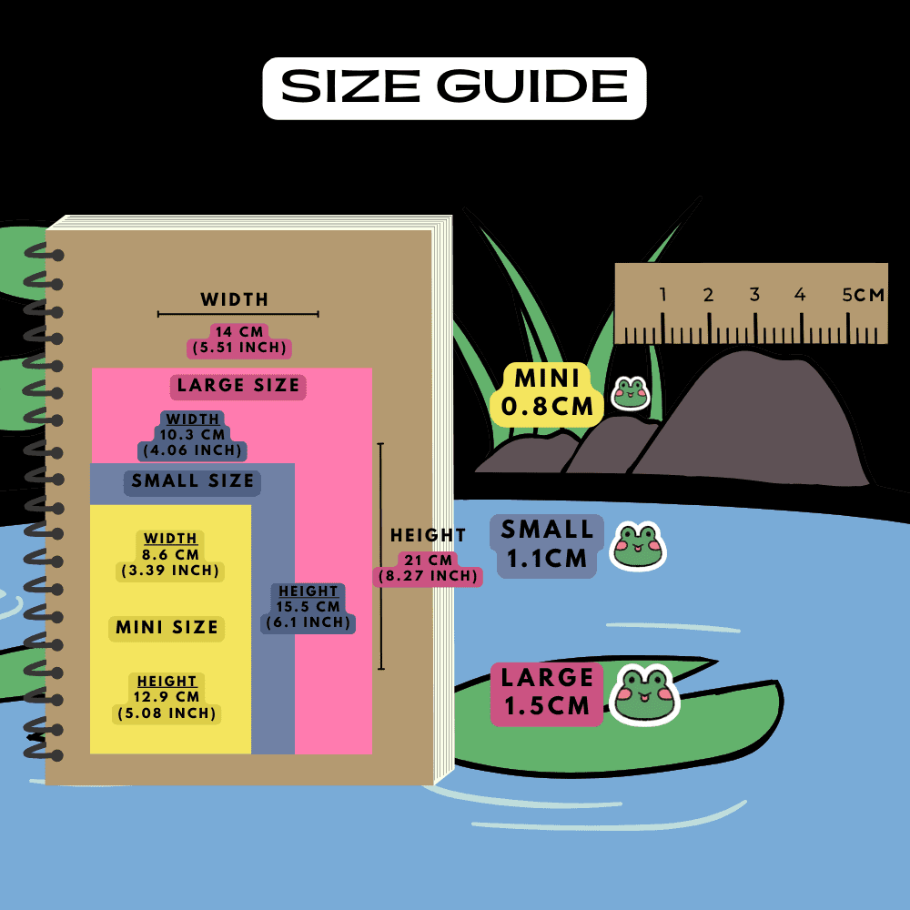 Frog head icon stickers size guide comparison reference sheet, choose from mini, small and large sizes.