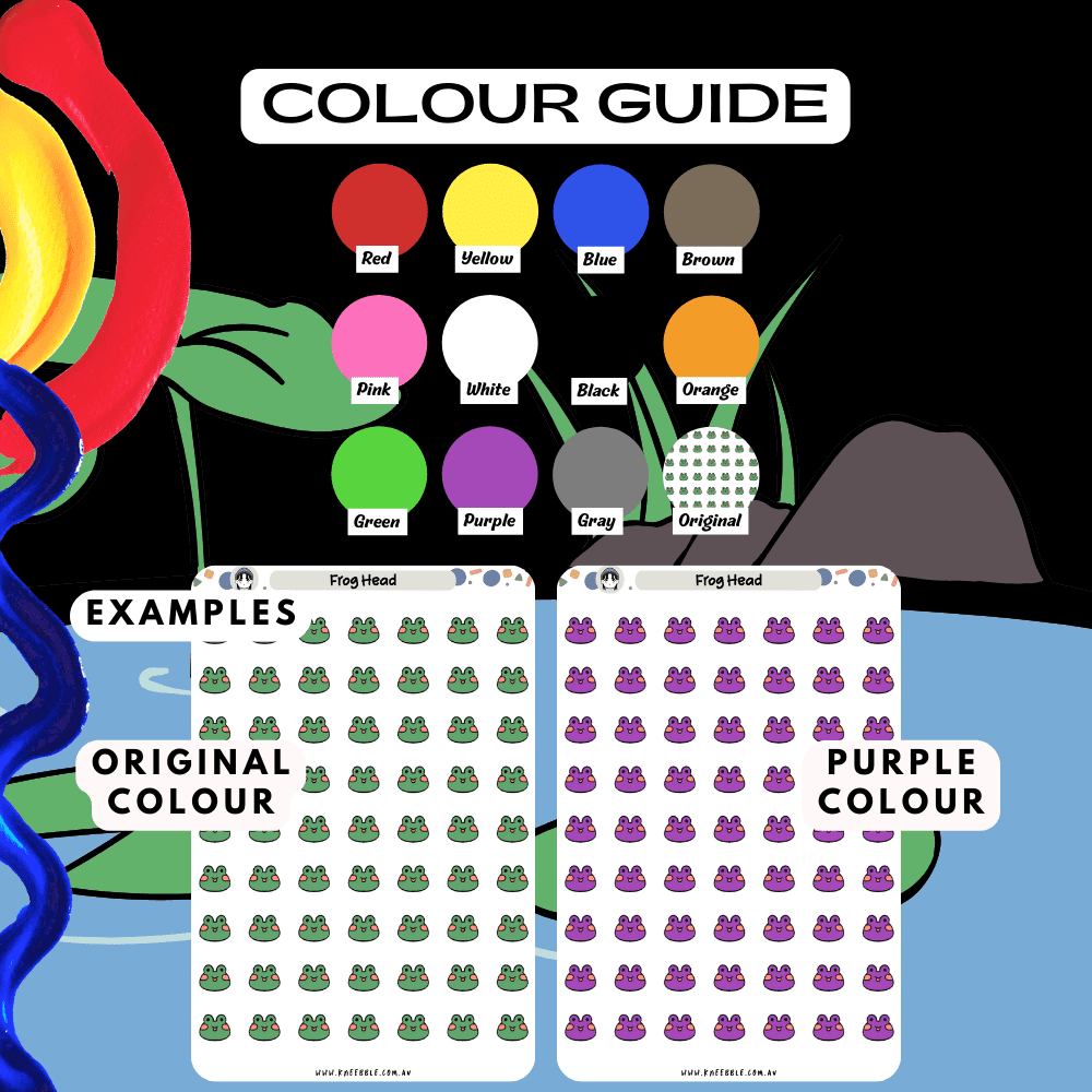 Frog head sticker sheet colour guide, choose from many colours such as red and purple.