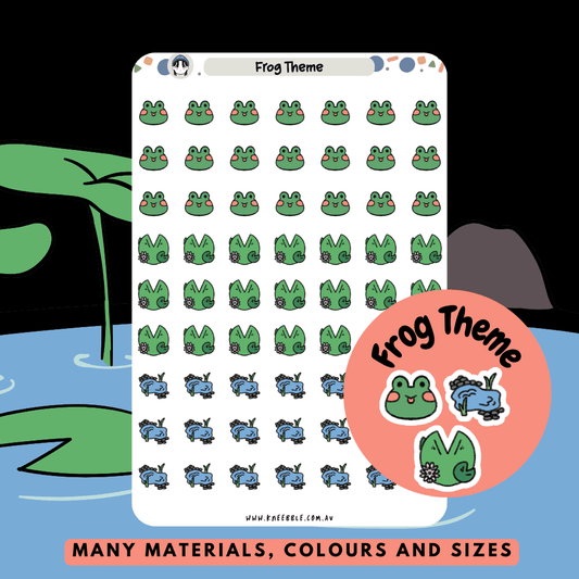 Frog theme nature stickers, depicting cute frogs, pond lake designs and lily pad lotus flowers, great for any frog or nature lover for decorating your planners and journals.