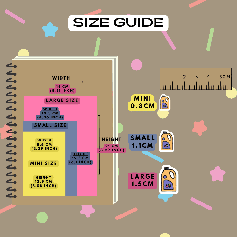 Fruit juice planner sticker icons size guide comparison reference sheet. Choose from mini, small and large sizes.