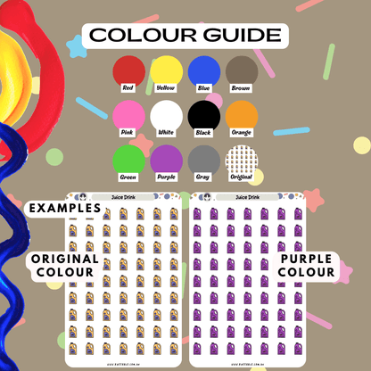 Fruit juice planner sticker sheet colour guide reference, choose from many colours such as red and purple.