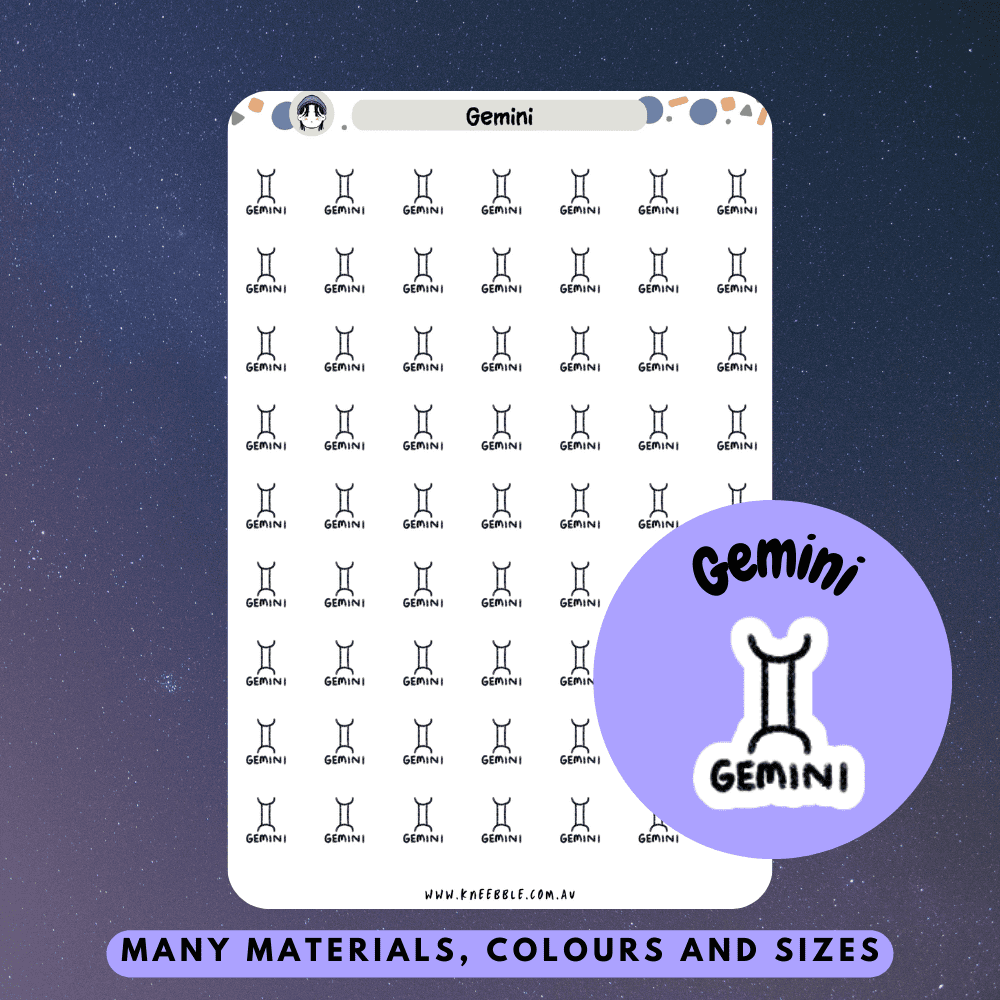 Gemini-themed planner stickers featuring the twin symbol and celestial elements.