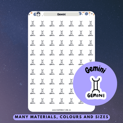 Gemini-themed planner stickers featuring the twin symbol and celestial elements.