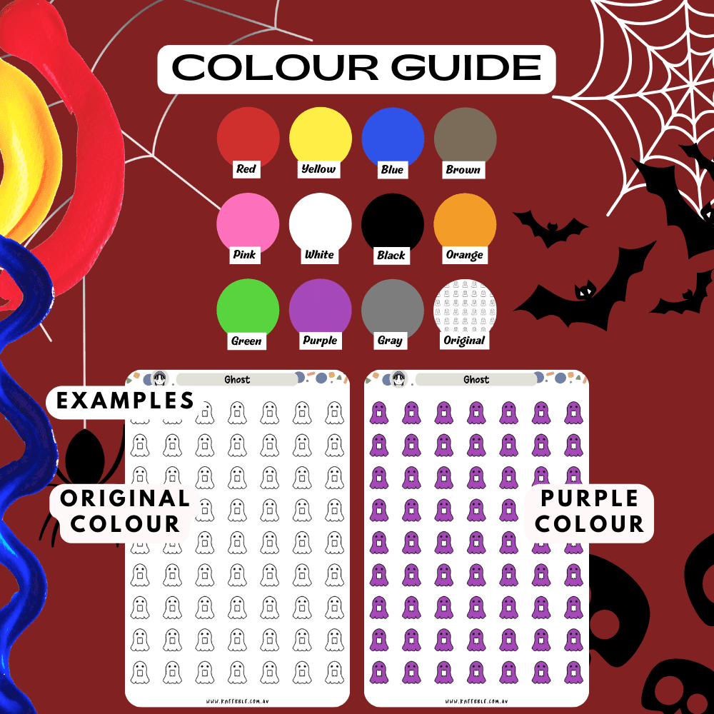 Ghost sticker sheet colour guide reference, choose from many colours such as red and purple.