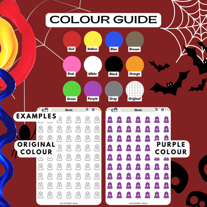 Ghost sticker sheet colour guide reference, choose from many colours such as red and purple.