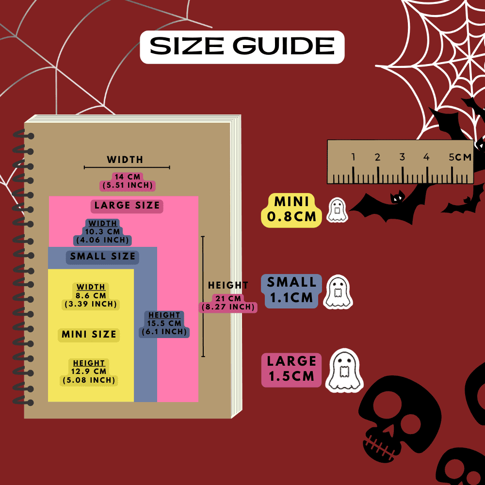 Floating ghost icon stickers size guide comparison reference, choose from mini, small and large sizes.