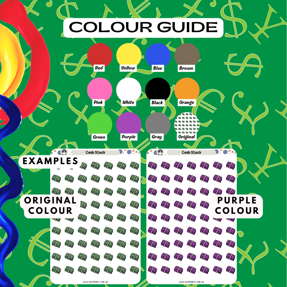 Cash bundle stack sticker sheet colour guide featuring green or options such as purple and red.