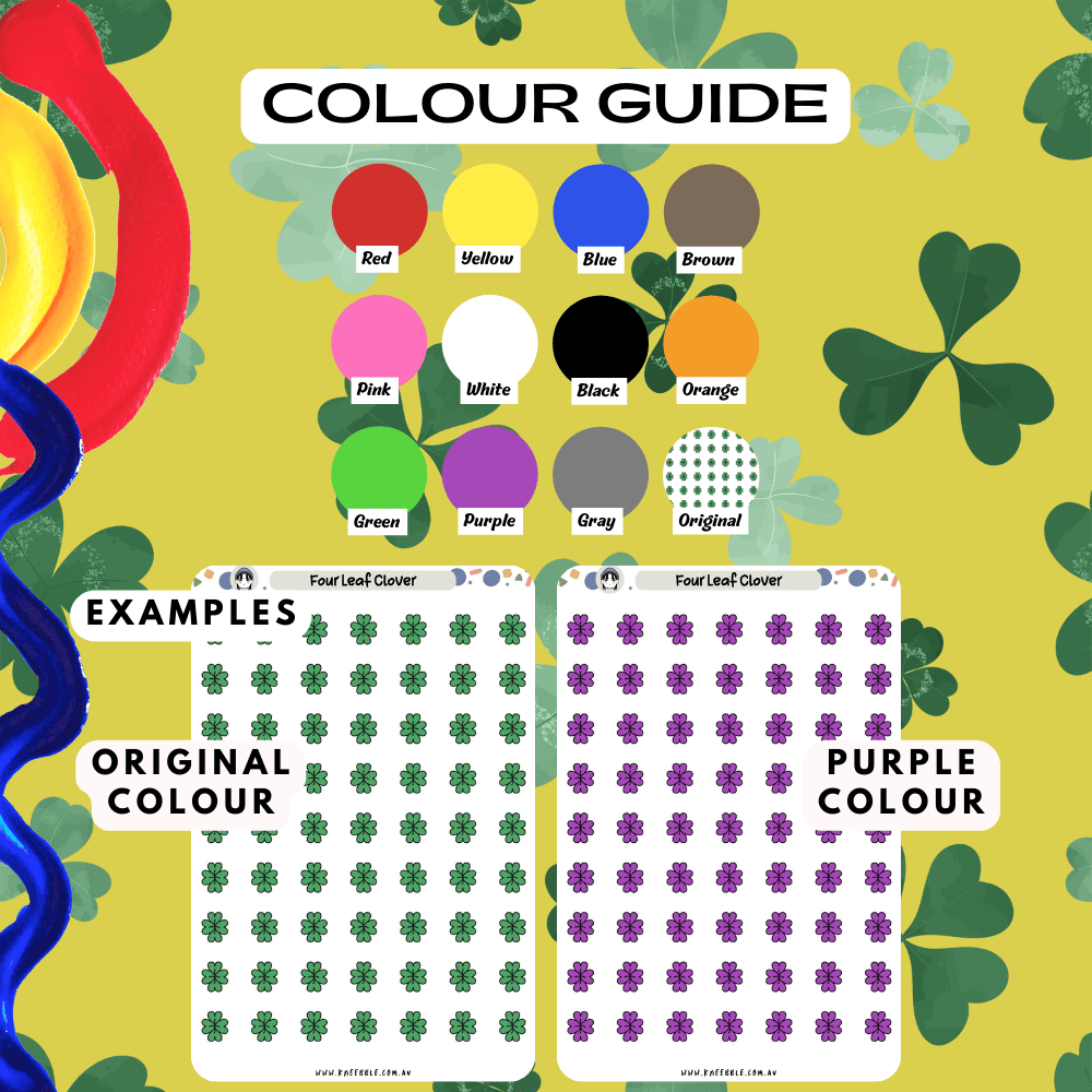 Four leaf clover sticker sheet colour guide reference, choose from many colours such as red and purple.