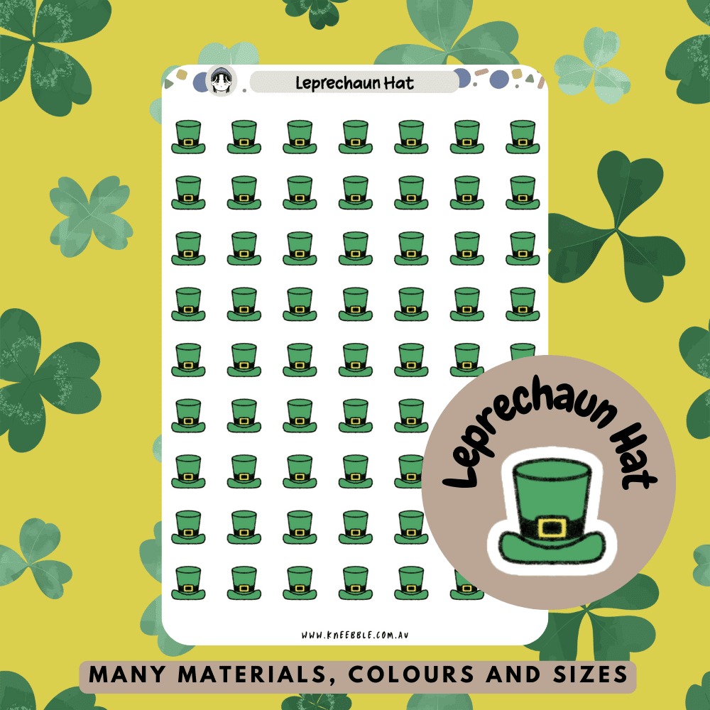 Stickers featuring green leprechaun hats with buckles, perfect for celebrating St. Patrick's Day or adding a festive Irish touch to planners and journals.