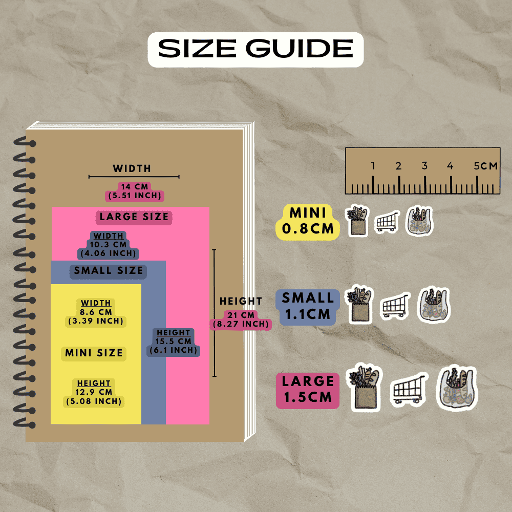 Grocery shopping icon stickers size guide reference.