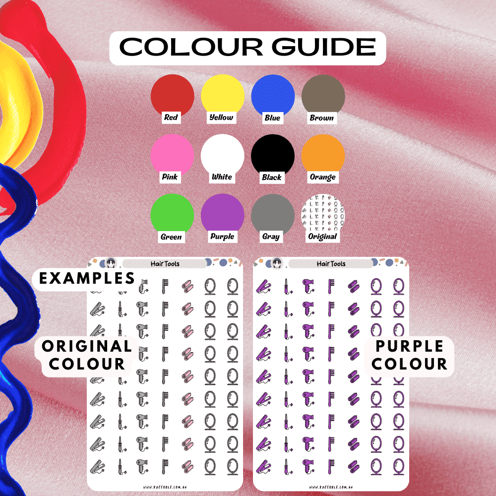 Hair beauty sticker sheet colour guide reference, choose from many colours such as red and purple.