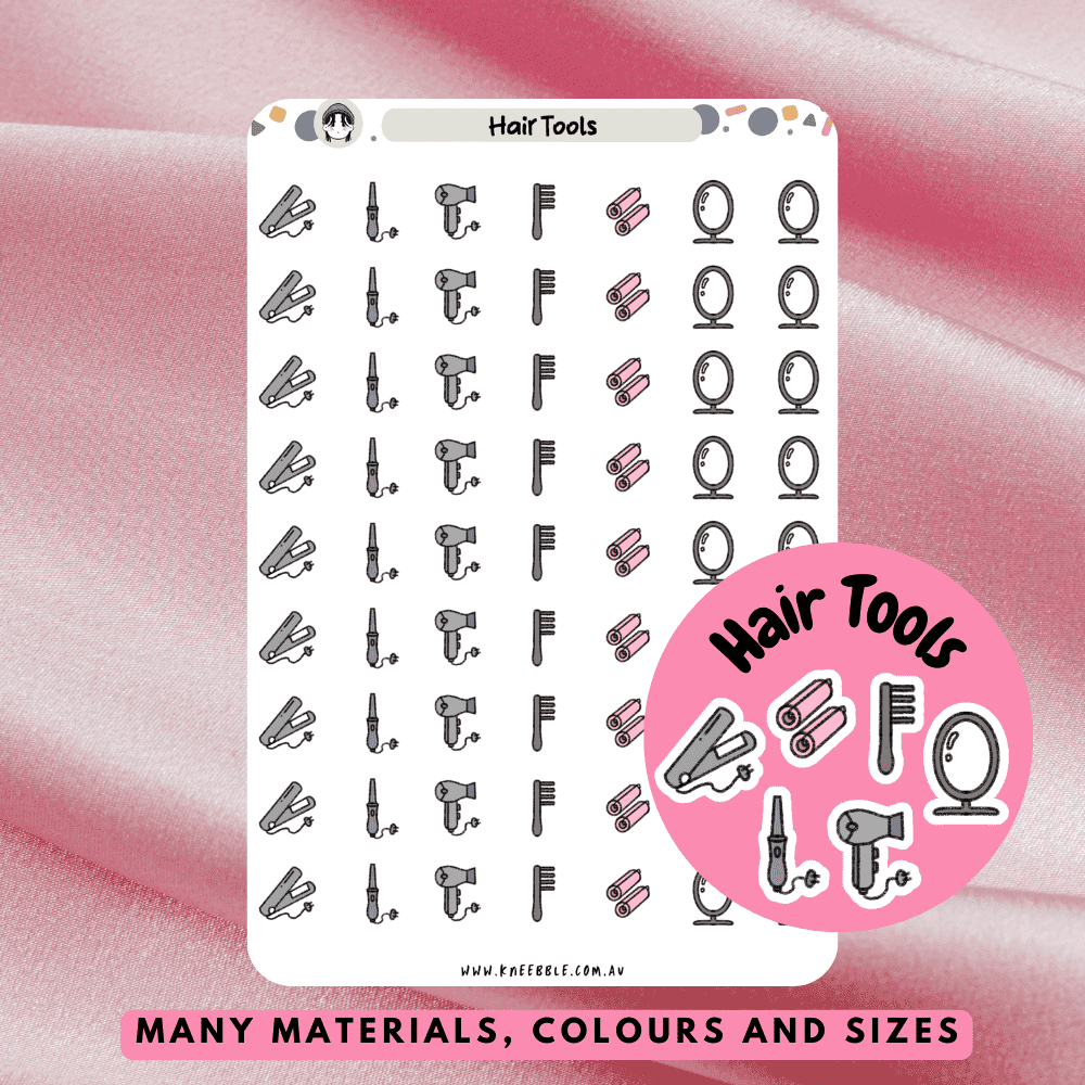 Stickers featuring various hair tools, including hairdryers, curling irons, straighteners, brushes, and combs, perfect for decorating planners or marking hair care routines.