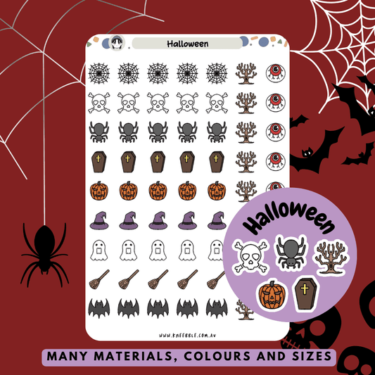 Stickers featuring Halloween-themed designs, including pumpkins, ghosts, witches, and haunted houses, perfect for adding a spooky and festive touch to planners and journals.