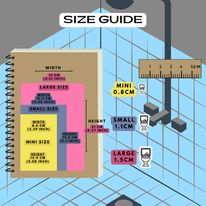 Hand basin mirror icon stickers size guide comparison reference sheet.