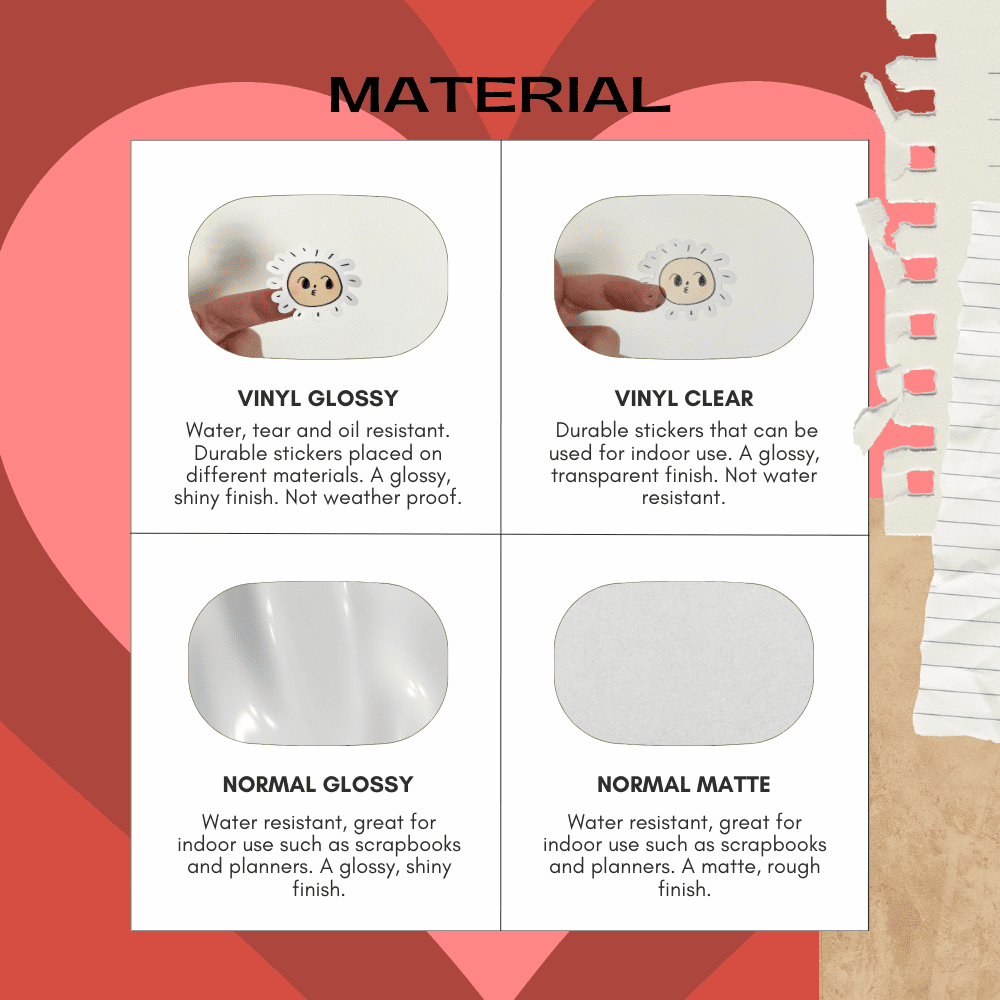 Material guide for heart stickers for scrapbook and journals, featuring glossy, vinyl, matte and transparent options.