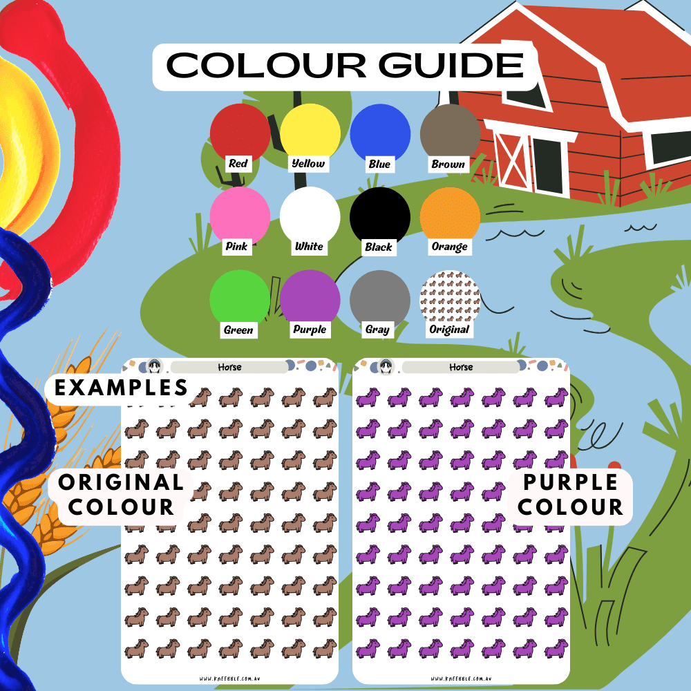 Brown horse sticker sheet colour guide reference, choose from many colours such as purple and red.