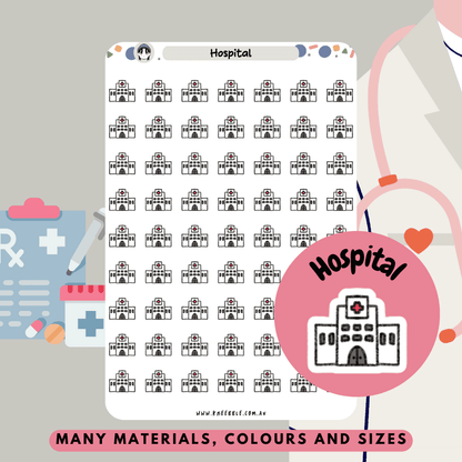 Stay on top of your schedule with hospital planner stickers featuring a hospital icon. Perfect for organizing shifts, appointments, and important tasks in planners, bullet journals, or calendars, these stickers are a convenient tool for healthcare professionals.