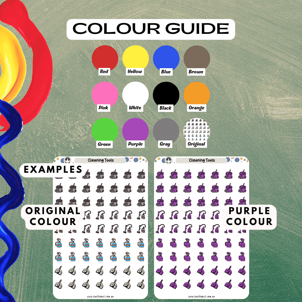 Household cleaning tools planner sticker sheet colour guide, choosing from different colour options such as purple and red.