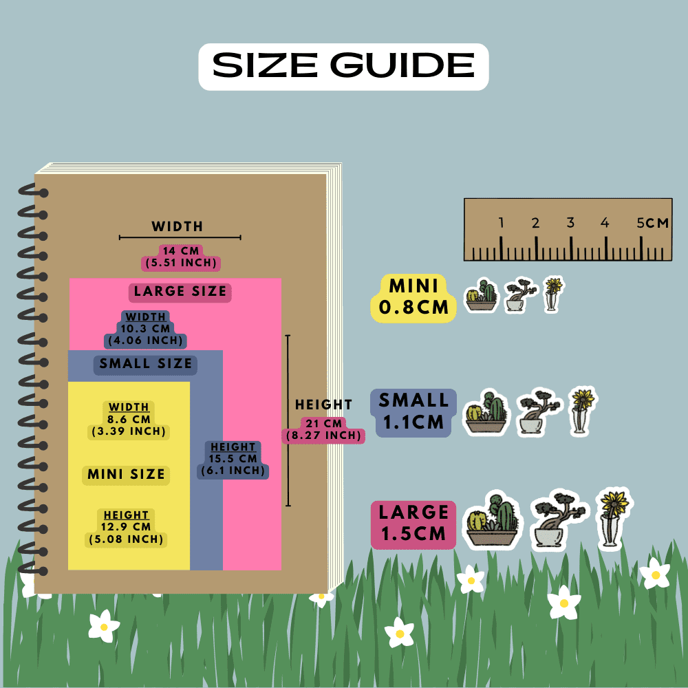 Houseplant pot nature icon stickers size guide comparison reference, choose from mini, small and large sizes.