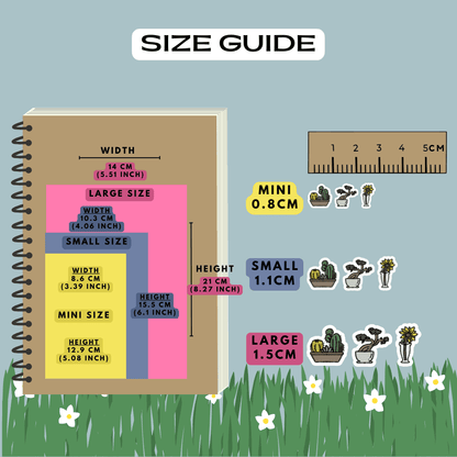 Houseplant pot nature icon stickers size guide comparison reference, choose from mini, small and large sizes.