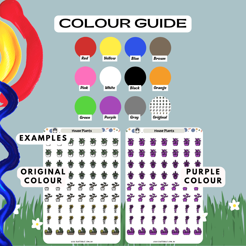 Houseplant greenery sticker sheet colour guide reference, choose from many colours such as red and purple.