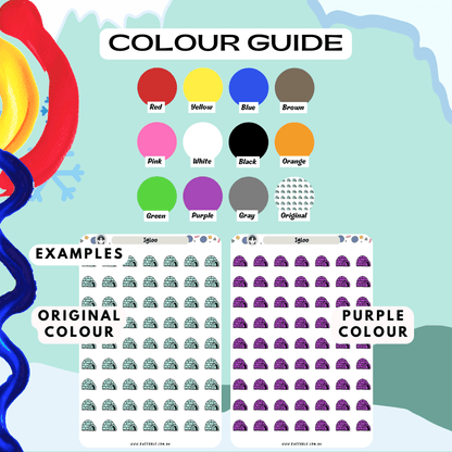 Blue igloo planner sticker sheet colour guide, can choose from many options such as purple and red.