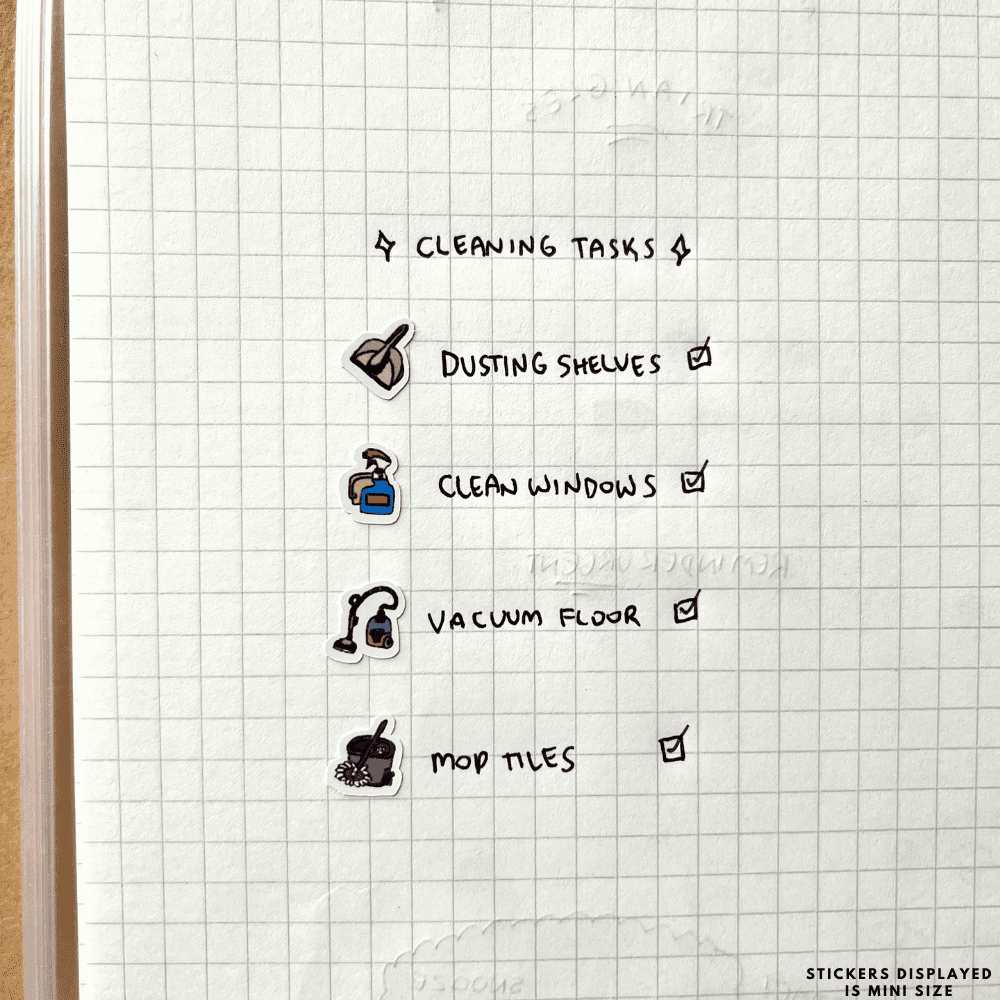 Scrapbook doodle of cleaning tasks and chores, including dusting shelves, cleaning windows, vacuum floor and mop tiles with each task having a checkbox to complete on time!