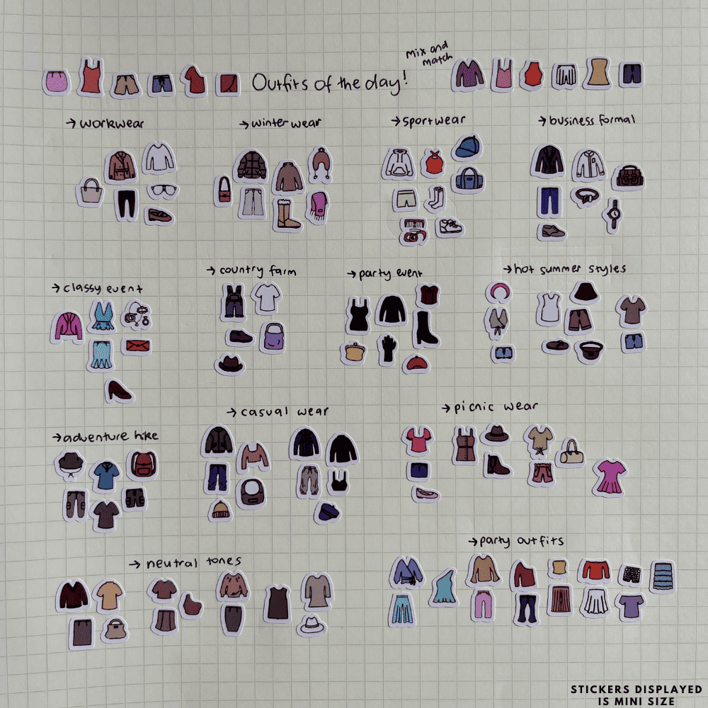 Journal scrapbook wardrobe capsule stickers of clothing, mix and match and create different styles and outfits to plan for your nights, events and activities.