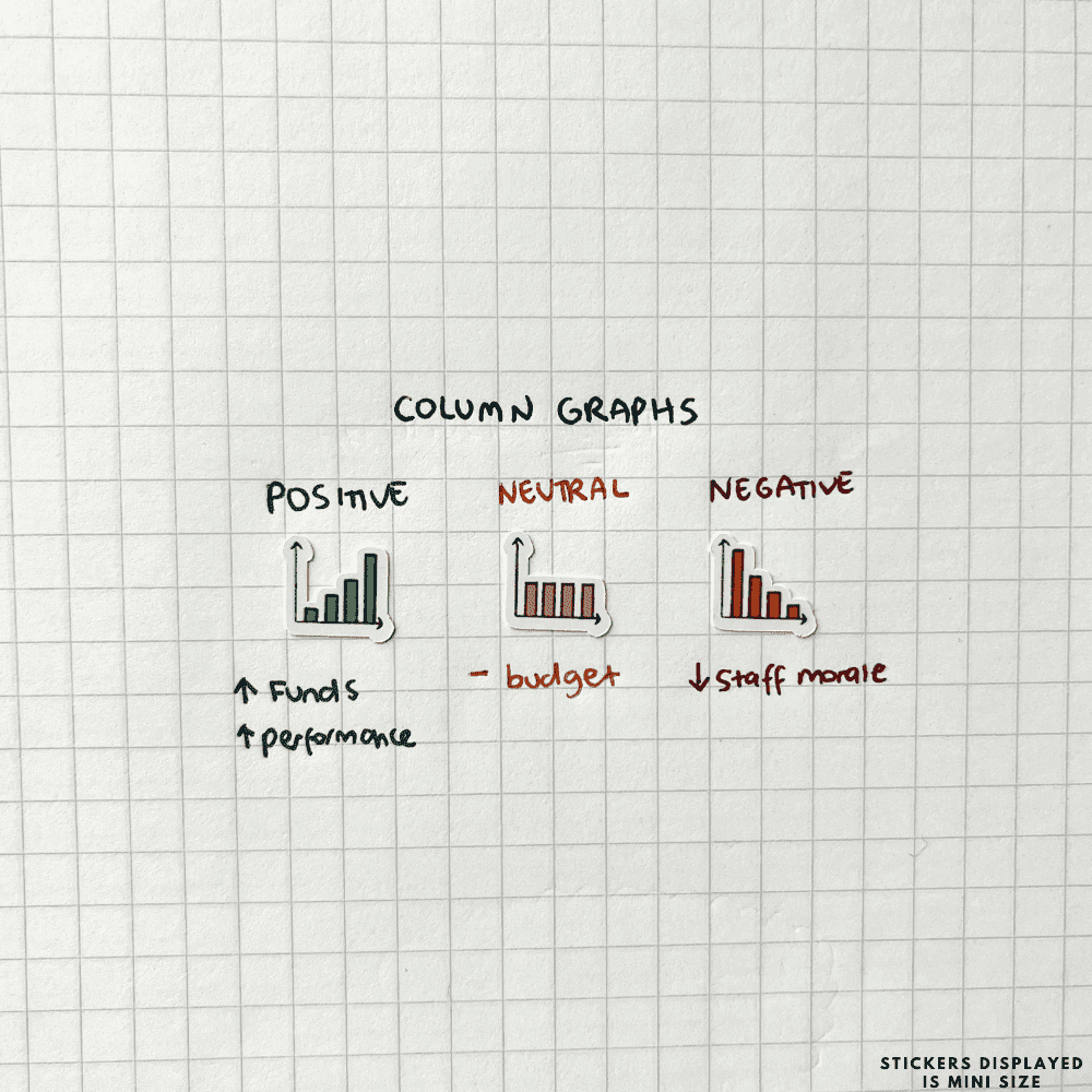 Journal scrapbook doodling featuring positive, neutral and negative sticker column graphs, great to track performance, budgets, key trends and identify business reports.