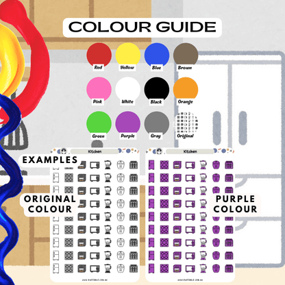 Kitchen appliances sticker sheet colour guide reference, choose from many colours such as purple and red.