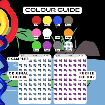 Lake pond water sticker sheet colour guide, choose from many colours such as red and purple.