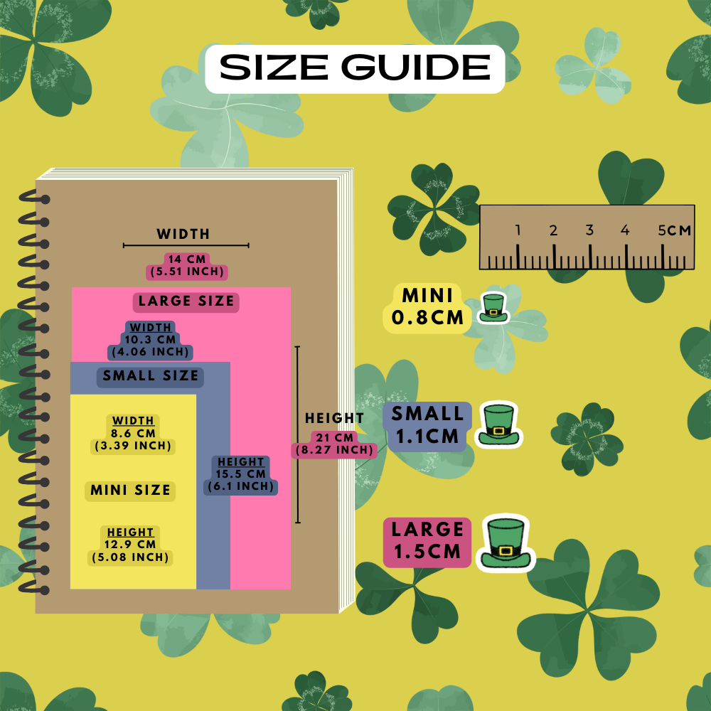 Leprechaun hat sticker icons size guide comparison reference sheet, choose from mini, small and large sizes.