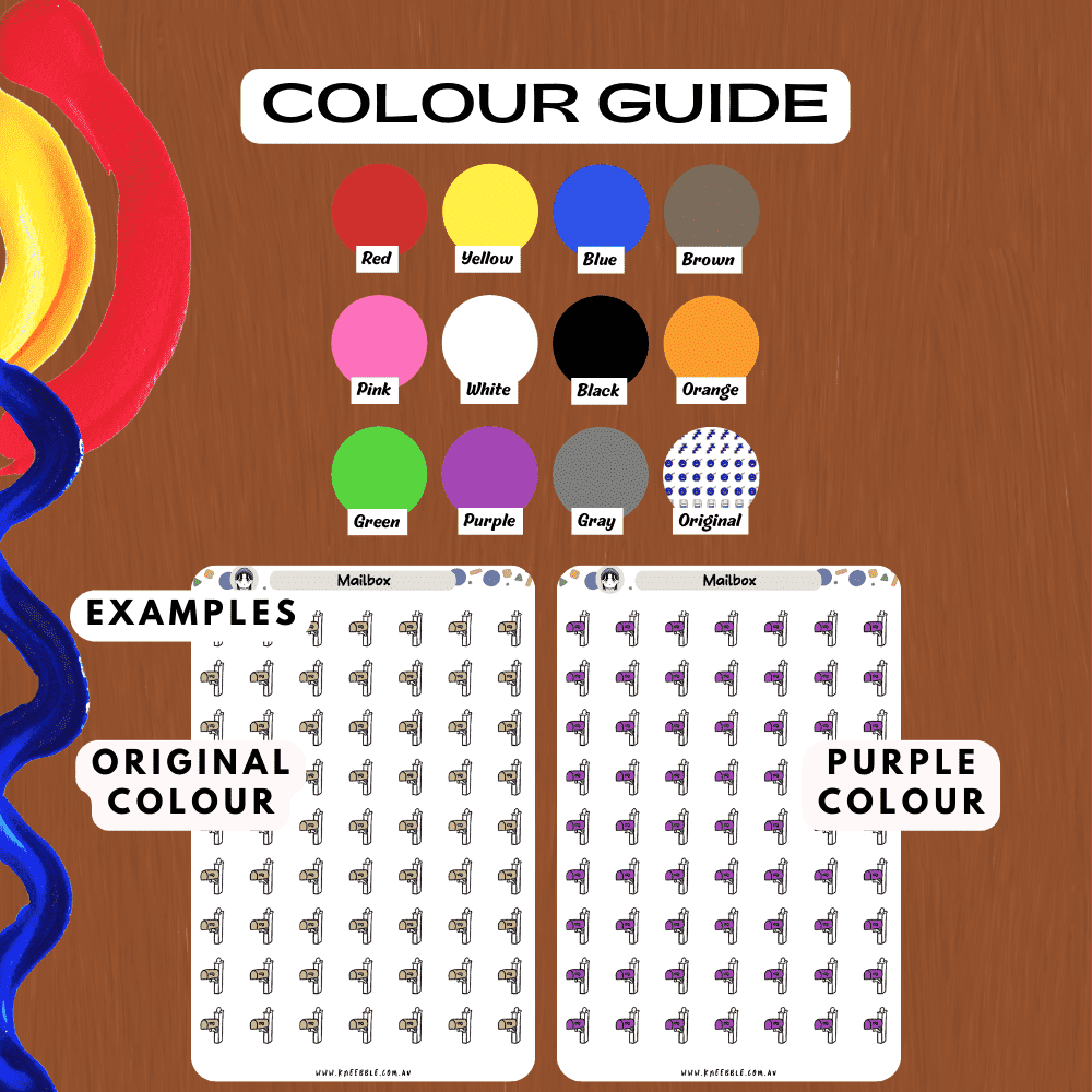 Mailbox colour guide colour option sticker sheet including brown and other single colours.