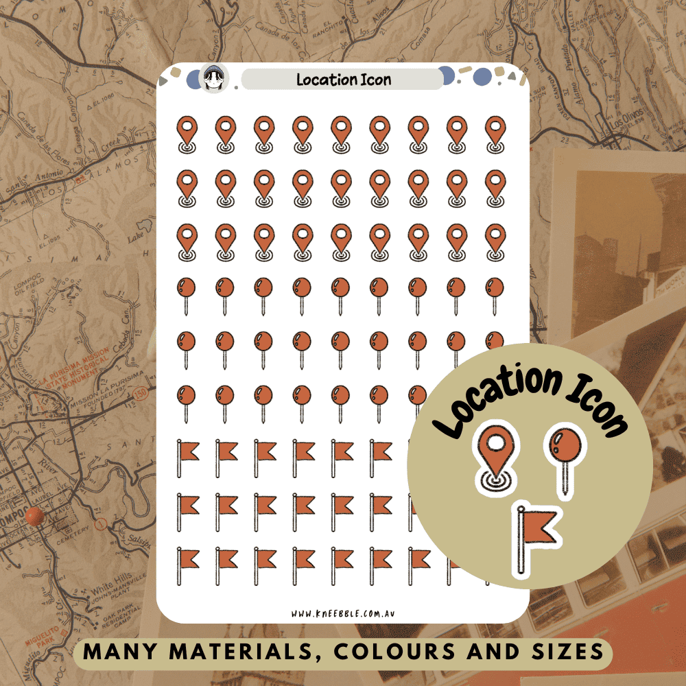 Geolocation map pin stickers to highlight destinations, adventures and tracking important places to go.