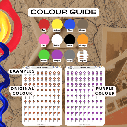 Red location icon planner sticker sheet colour guide including red and purple colour options.